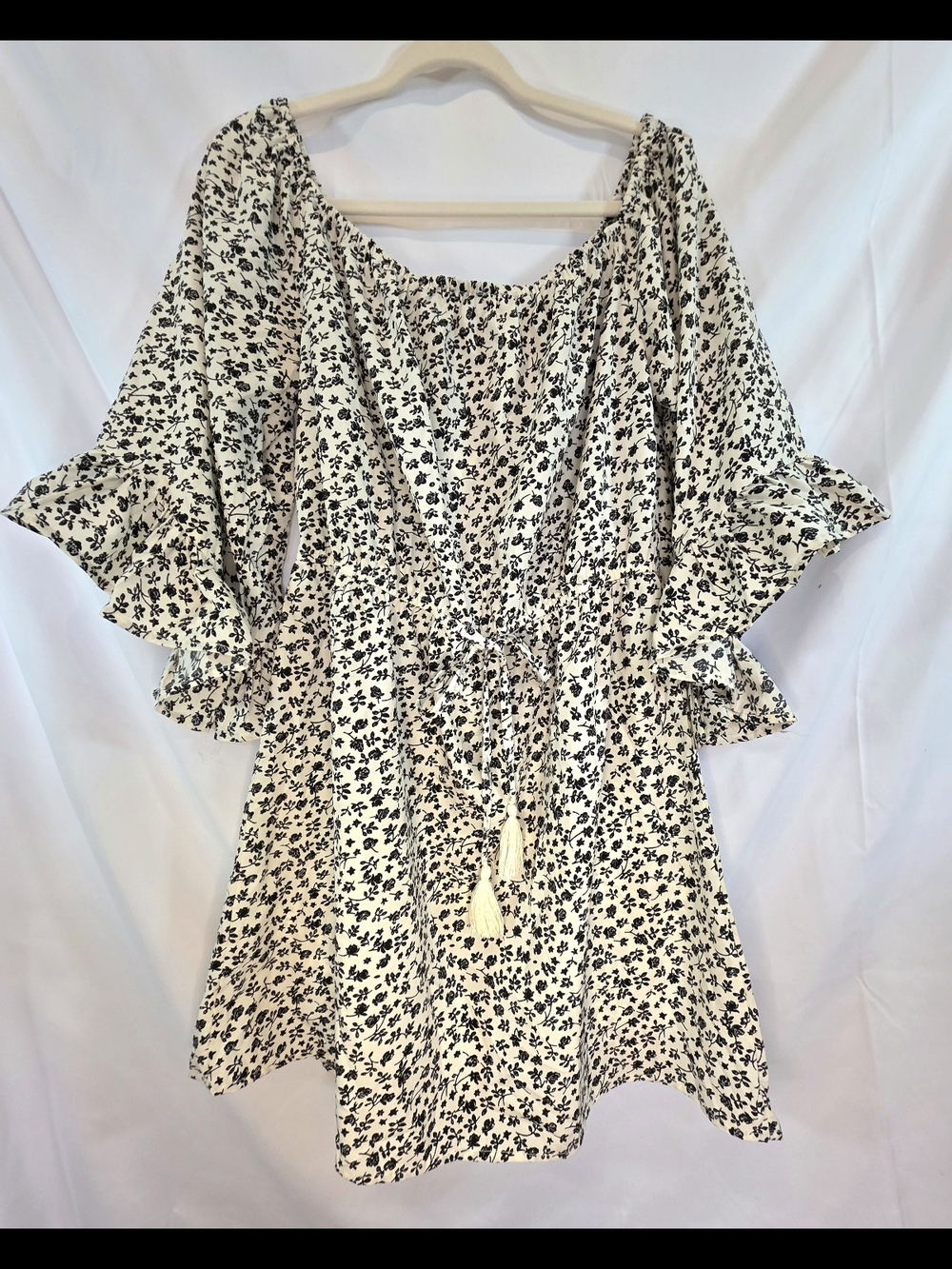 Blush Boho Cottagecore Fairy Floral Off-the-Shoulder Ruffle Tassel Dress Size XL